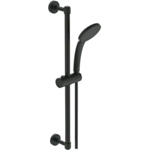 Brausekombination von Ideal Standard mit schwarzem Design. Bestehend aus einer Handbrause und einer Halterung, montiert an zwei vertikalen Stangen.